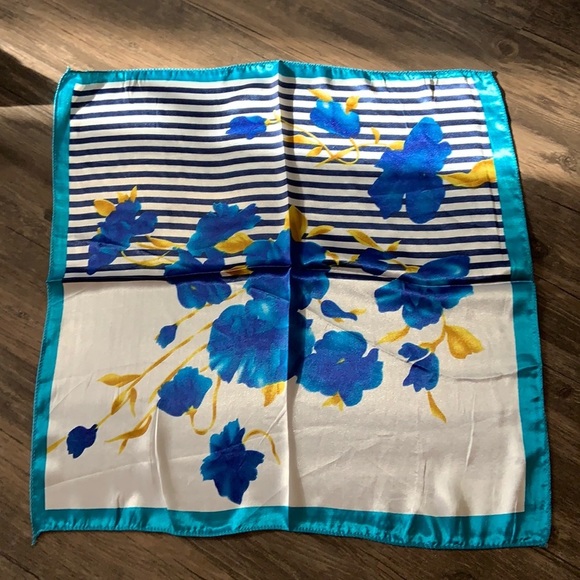 New Silky Satin Stripe Blue White Yellow Floral Square Neck Scarf - Picture 1 of 5